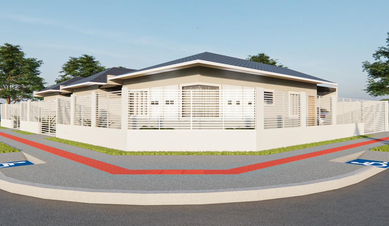 Vista das três casas do Residencial Bella Lua, com destaque para a unidade de esquina